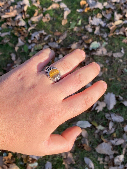 HarlemBling Mens Real Solid 925 Sterling Silver Tigers Eye Signet Ring Round Pinky Sz 7-13