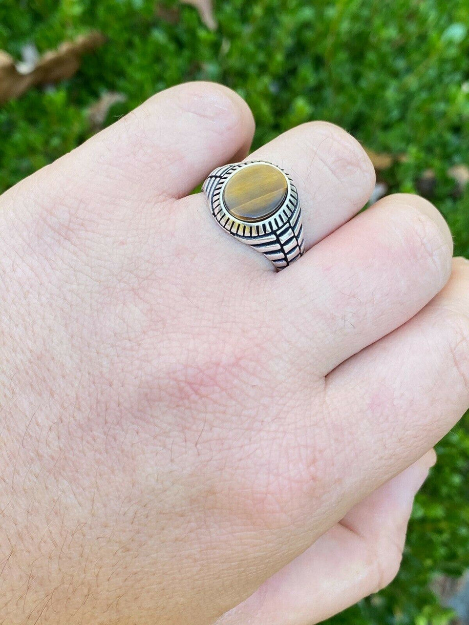 HarlemBling Mens Real Solid 925 Sterling Silver Tigers Eye Signet Ring Round Pinky Sz 7-13