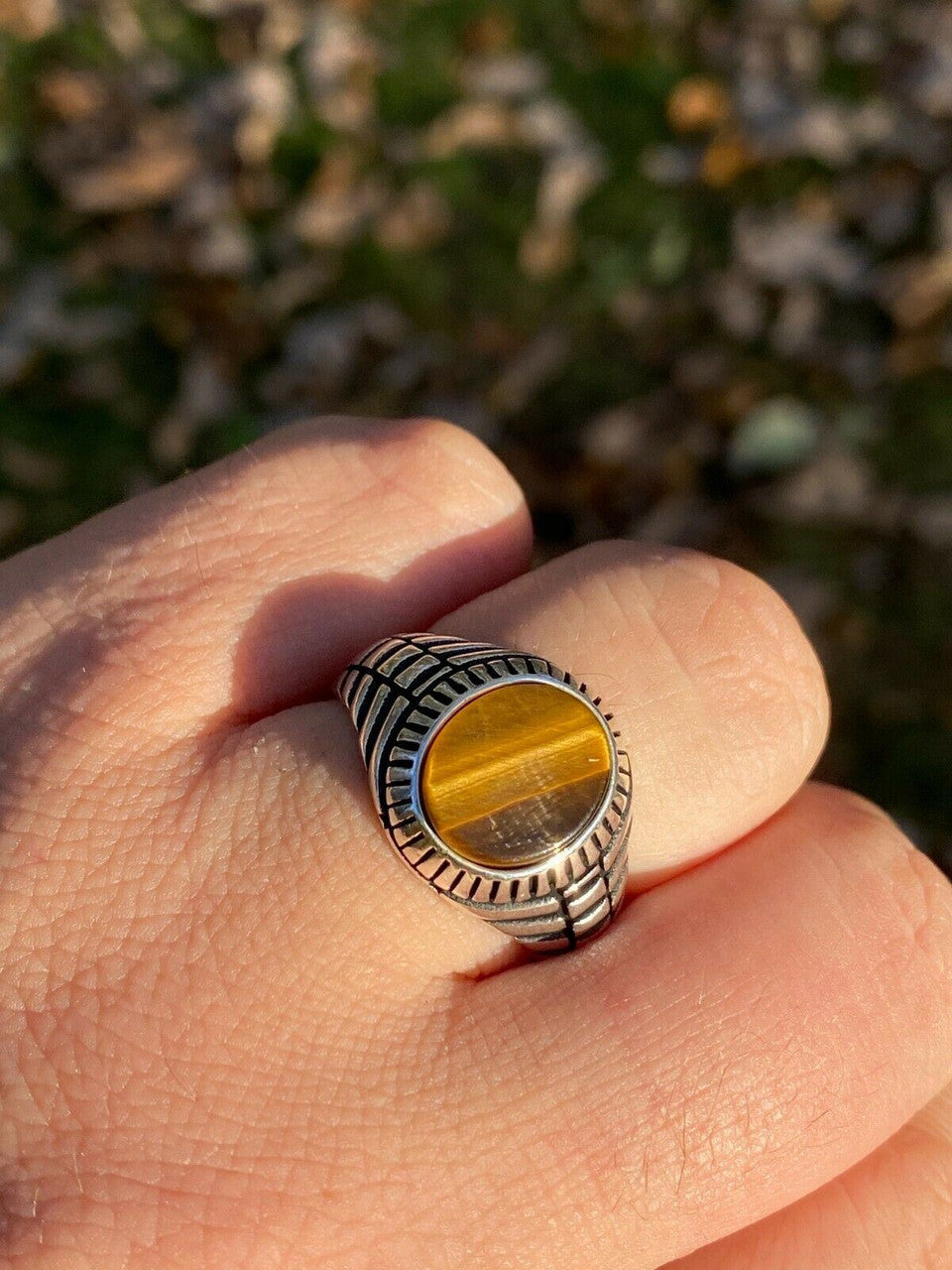 HarlemBling Mens Real Solid 925 Sterling Silver Tigers Eye Signet Ring Round Pinky Sz 7-13