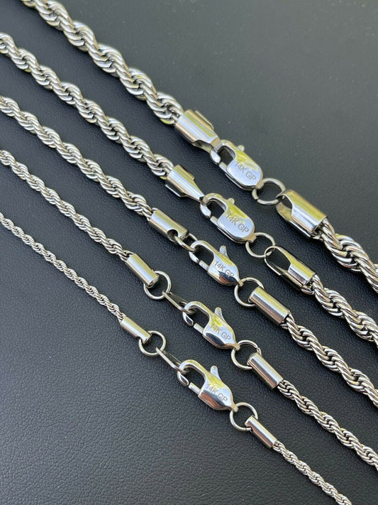 HarlemBling Mens Real Solid Rope Chain Necklace Stainless Steel - Rhodium - 2mm-6mm 18-30
