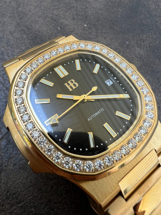 HarlemBling Mens Real Stainless Gold Iced 2ct Moissanite Watch Pass Diamond Test Black Face