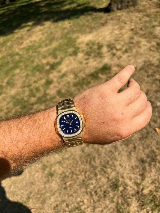 HarlemBling Mens Real Stainless Gold Iced 2ct Moissanite Watch Pass Diamond Test Blue Face