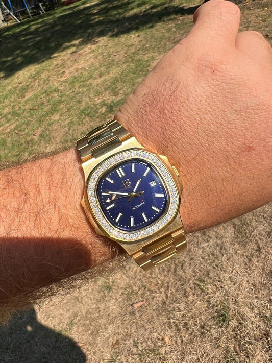 HarlemBling Mens Real Stainless Gold Iced 2ct Moissanite Watch Pass Diamond Test Blue Face