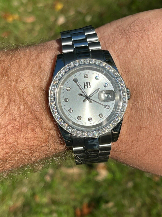 HarlemBling Mens Real Stainless Iced 3.3ct Moissanite Watch Pass Diamond Tester 41mm Pearl