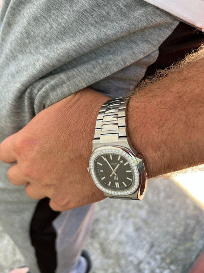 HarlemBling Mens Real Stainless Steel Iced 2ct Moissanite Watch Pass Diamond Test Black Face