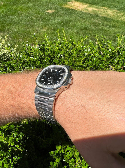 HarlemBling Mens Real Stainless Steel Iced 2ct Moissanite Watch Pass Diamond Test Black Face