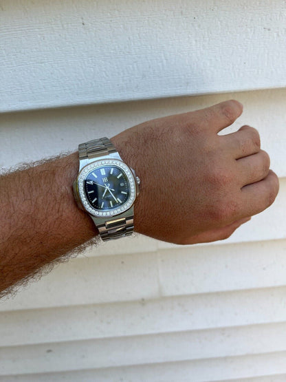 HarlemBling Mens Real Stainless Steel Iced 2ct Moissanite Watch Pass Diamond Test Black Face