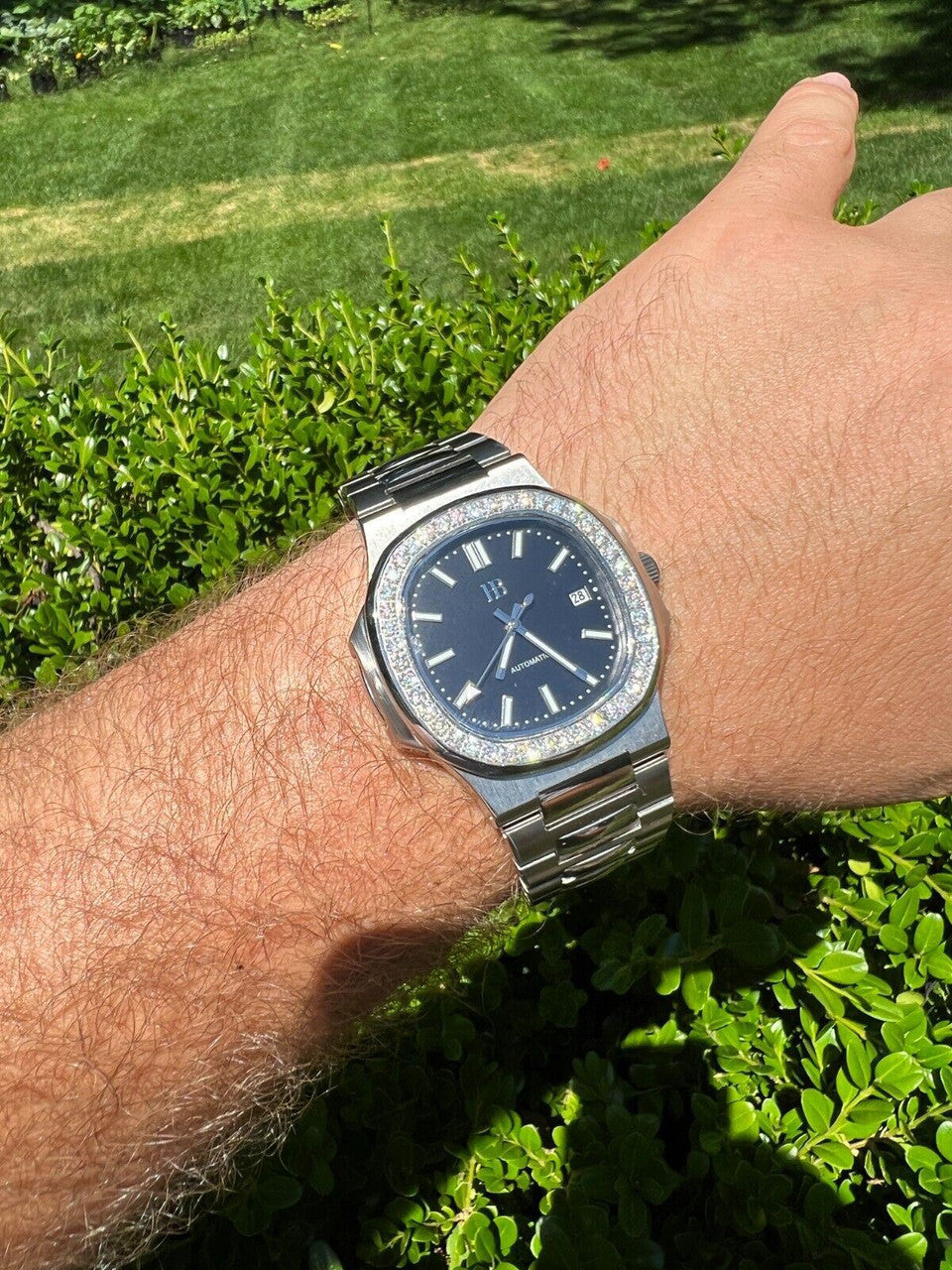 HarlemBling Mens Real Stainless Steel Iced 2ct Moissanite Watch Pass Diamond Test Black Face