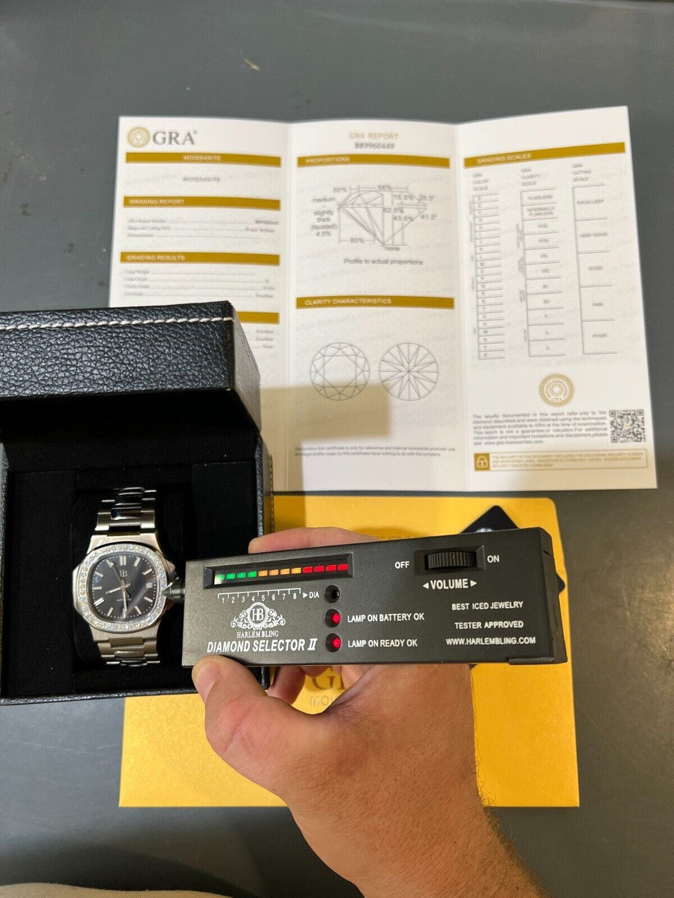 HarlemBling Mens Real Stainless Steel Iced 2ct Moissanite Watch Pass Diamond Test Black Face