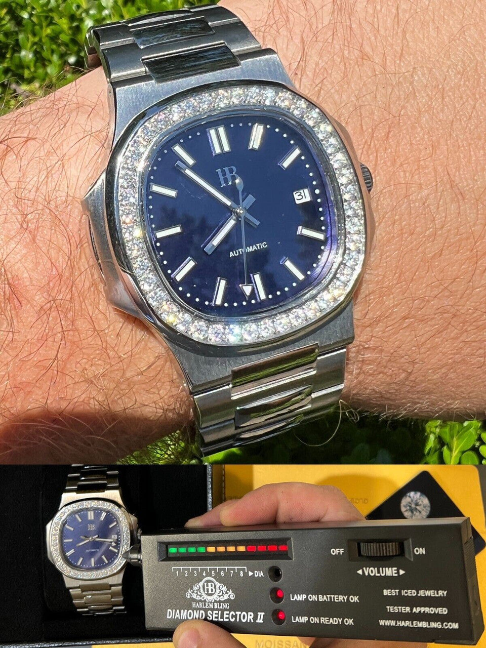 HarlemBling Mens Real Stainless Steel Iced 2ct Moissanite Watch Pass Diamond Test Blue Face