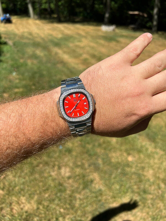 HarlemBling Mens Real Stainless Steel Iced 2ct Moissanite Watch Pass Diamond Test Red Face