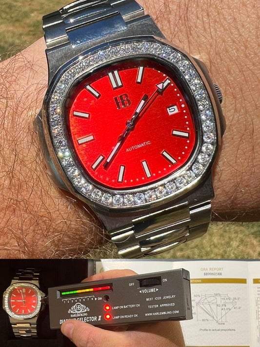 HarlemBling Mens Real Stainless Steel Iced 2ct Moissanite Watch Pass Diamond Test Red Face