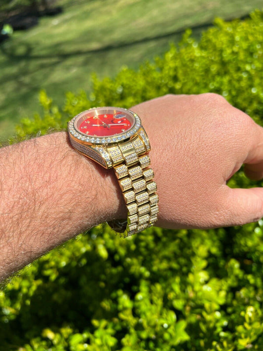 HarlemBling Mens Red Dial Presidential Real SS 41mm Gold Watch Iced 12ct Flooded Out Diamond