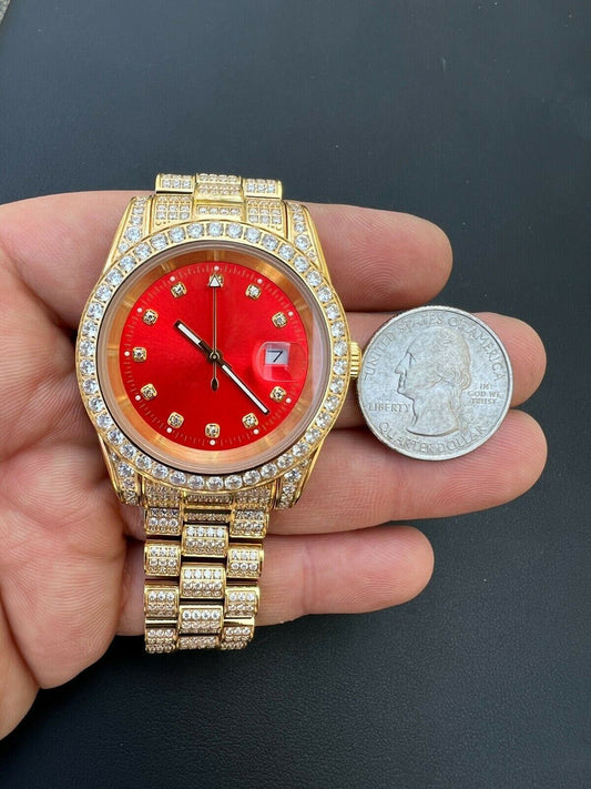 HarlemBling Mens Red Dial Presidential Real SS 41mm Gold Watch Iced 12ct Flooded Out Diamond
