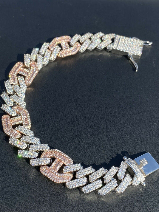 HarlemBling Mens Solid 925 Silver and Rose Gold Baguette Cuban Gucci Link Bracelet Hip Hop ICY