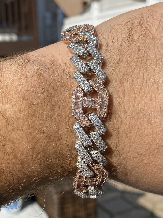 HarlemBling Mens Solid 925 Silver and Rose Gold Baguette Cuban Gucci Link Bracelet Hip Hop ICY