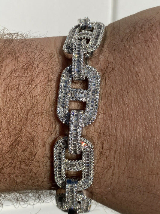 HarlemBling Mens Solid 925 Silver Baguette Gucci Link Bracelet Iced Thick Flooded Out 15mm