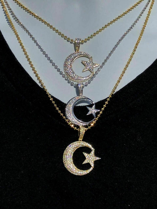 HarlemBling Mens Solid 925 Silver Crescent Moon and Star Islam Muslim Arabic Pendant Iced Icy