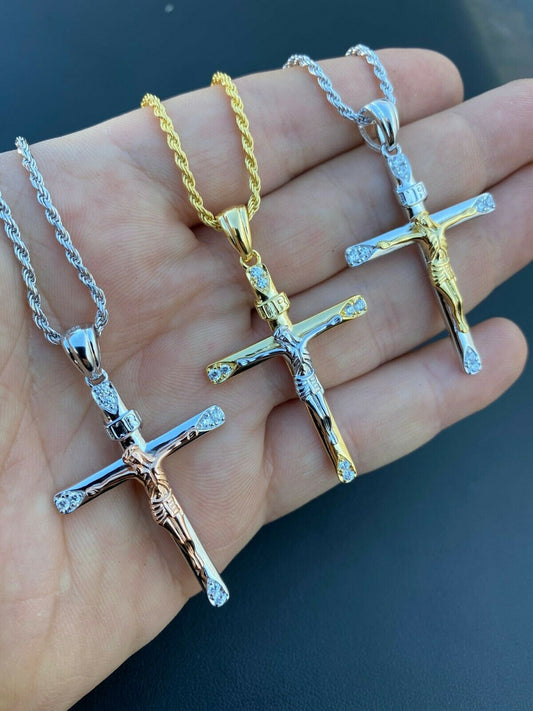 HarlemBling Mens Solid 925 Silver Cross W Jesus Pendant Yellow Or Rose Gold Finish Necklace