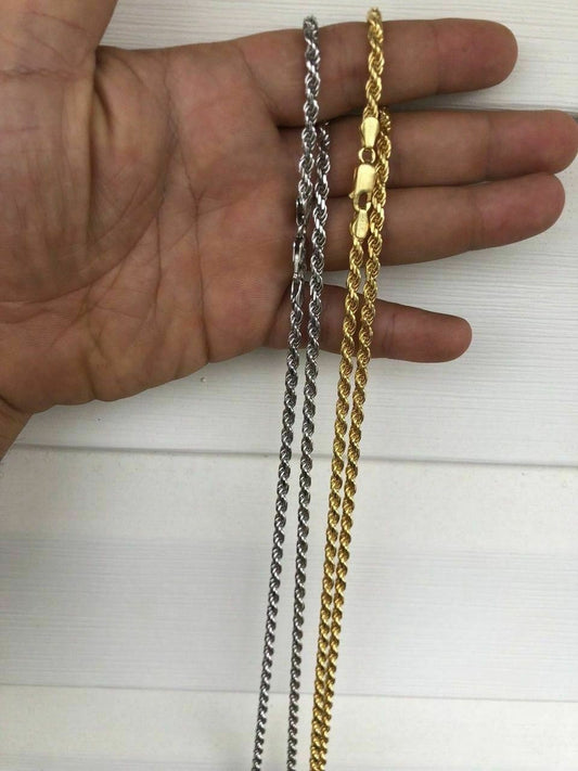 HarlemBling Mens Solid 925 Sterling Silver 14k Gold / Rhodium Rope Chain Heavy 4mm ITALY
