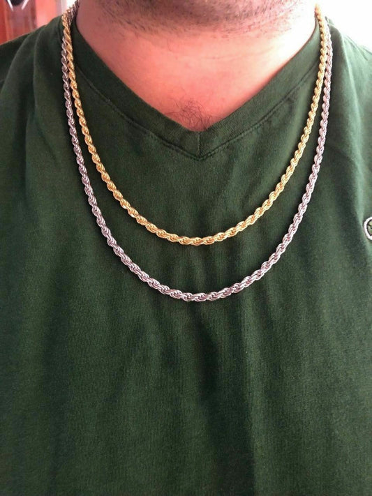 HarlemBling Mens Solid 925 Sterling Silver 14k Gold / Rhodium Rope Chain Heavy 4mm ITALY