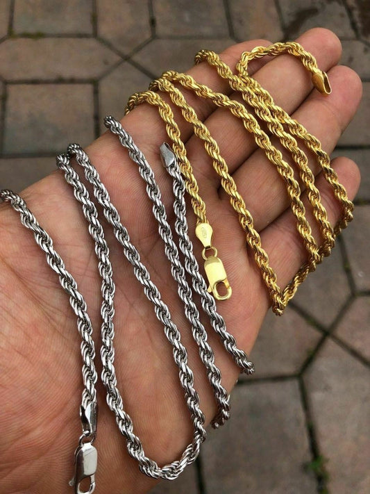 HarlemBling Mens Solid 925 Sterling Silver 14k Gold / Rhodium Rope Chain Heavy 4mm ITALY