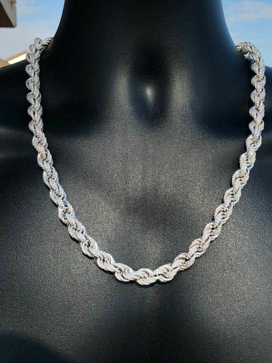 HarlemBling Mens Solid 925 Sterling Silver Mens Rope Chain Thick 9mm ICY Diamond Choker