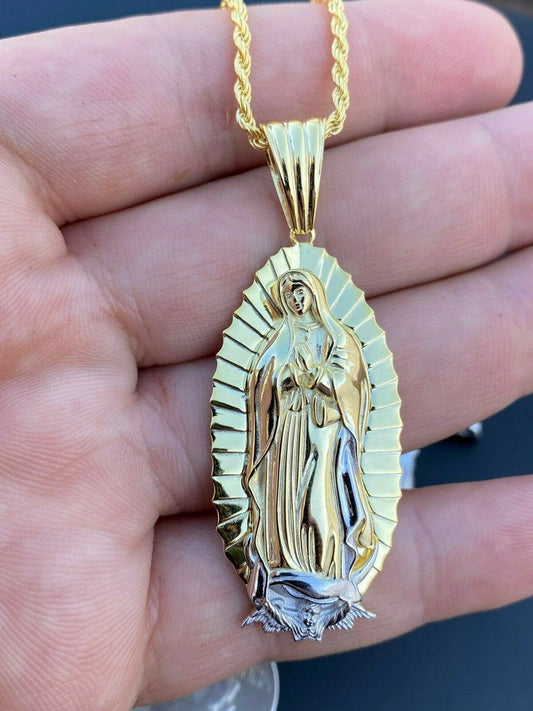 HarlemBling Mens Virgin Mary Pendant - 14k Gold Over Solid 925 Sterling Silver Necklace