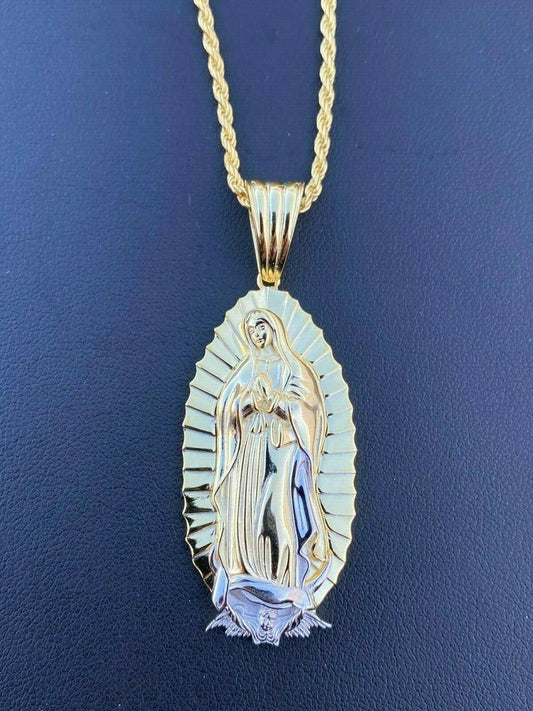 HarlemBling Mens Virgin Mary Pendant - 14k Gold Over Solid 925 Sterling Silver Necklace