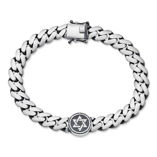 HarlemBling Miami Cuban Bracelet With Custom Star Of David Motif - 925 Sterling Silver Oxidized Gunmetal - 7"-9" - 9mm