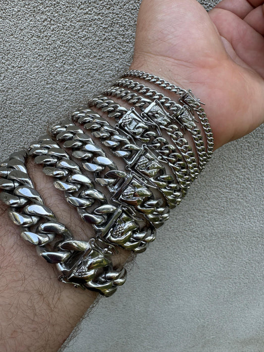 HarlemBling Miami Cuban Link Bracelet - 14k White Gold Plated Stainless Steel - 6"-10" - 4mm-18mm