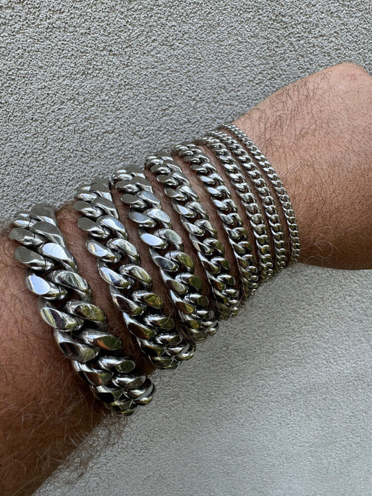 HarlemBling Miami Cuban Link Bracelet - 14k White Gold Plated Stainless Steel - 6"-10" - 4mm-18mm