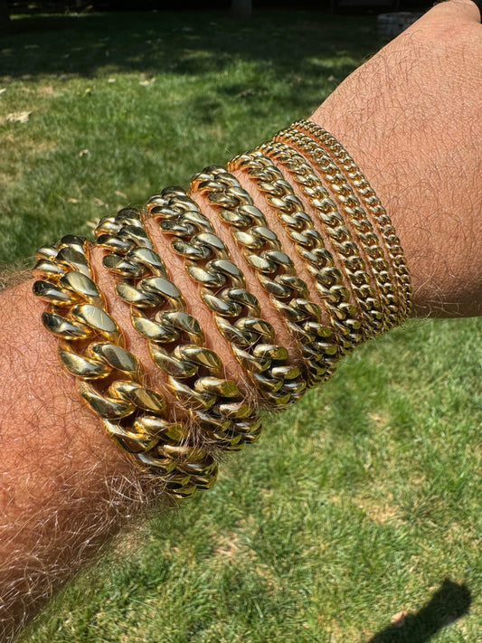 HarlemBling Miami Cuban Link Bracelet - 14k Yellow Gold Plated Stainless Steel - 6"-10" - 4mm-18mm