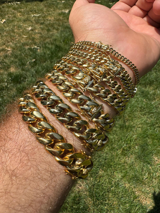 HarlemBling Miami Cuban Link Bracelet - 14k Yellow Gold Plated Stainless Steel - 6"-10" - 4mm-18mm