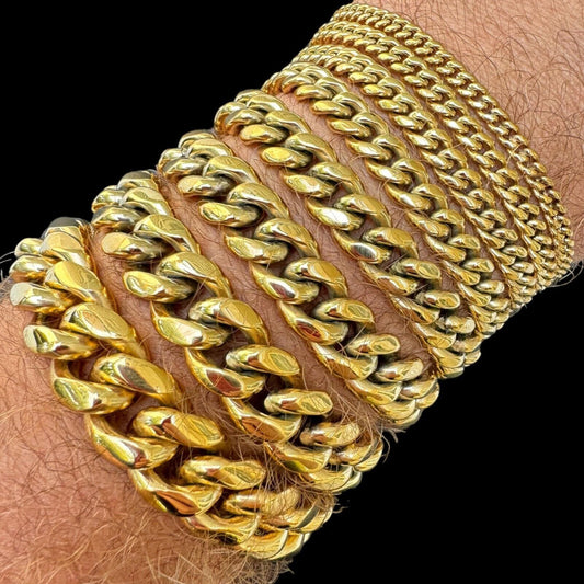 HarlemBling Miami Cuban Link Bracelet - 14k Yellow Gold Plated Stainless Steel - 6"-10" - 4mm-18mm