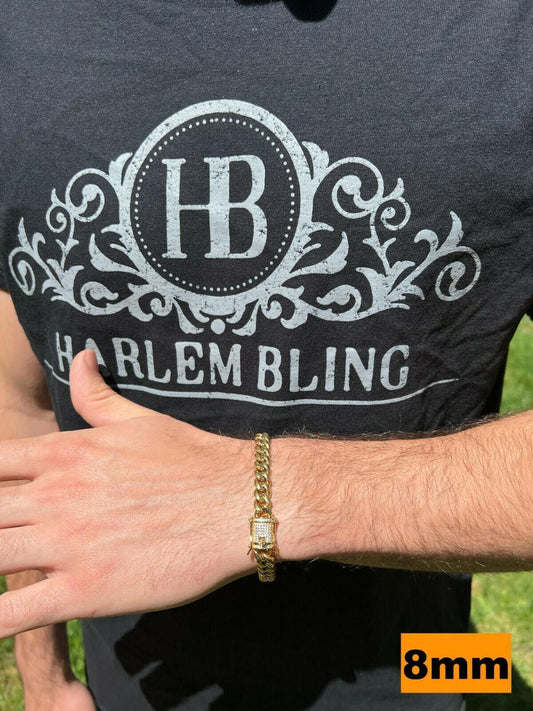HarlemBling Miami Cuban Link Bracelet W. CZ Clasp - 14k Gold Plated Stainless Steel - 6"-10" - 8mm-14mm