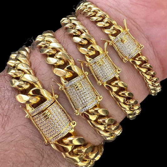 HarlemBling Miami Cuban Link Bracelet W. CZ Clasp - 14k Gold Plated Stainless Steel - 6"-10" - 8mm-14mm