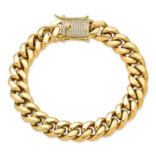 HarlemBling Miami Cuban Link Bracelet W. CZ Clasp - 14k Gold Plated Stainless Steel - 6"-10" - 8mm-14mm