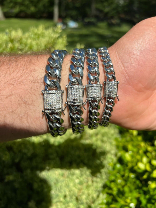 HarlemBling  Miami Cuban Link Bracelet W. CZ Clasp - Stainless Steel W. 925 Silver Clasp - 6"-10" - 8mm-14mm