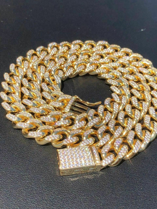 HarlemBling Miami Cuban Link Chain 14k Yellow Gold Over Solid 925 Silver Icy 10mm HEAVY ICED
