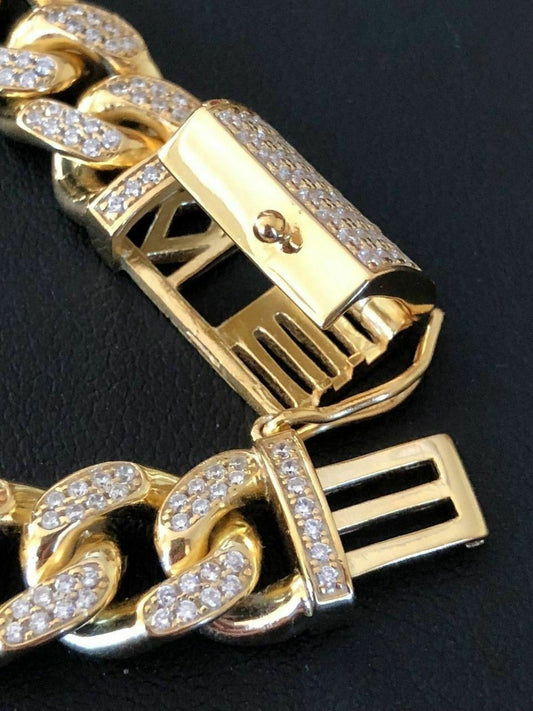 HarlemBling Miami Cuban Link Chain 14k Yellow Gold Over Solid 925 Silver Icy 10mm HEAVY ICED
