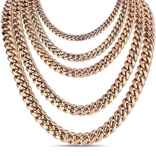 HarlemBling Miami Cuban Link Chain Necklace - 14k Rose Gold Plated Stainless Steel - 16"-36" - 4mm-18mm