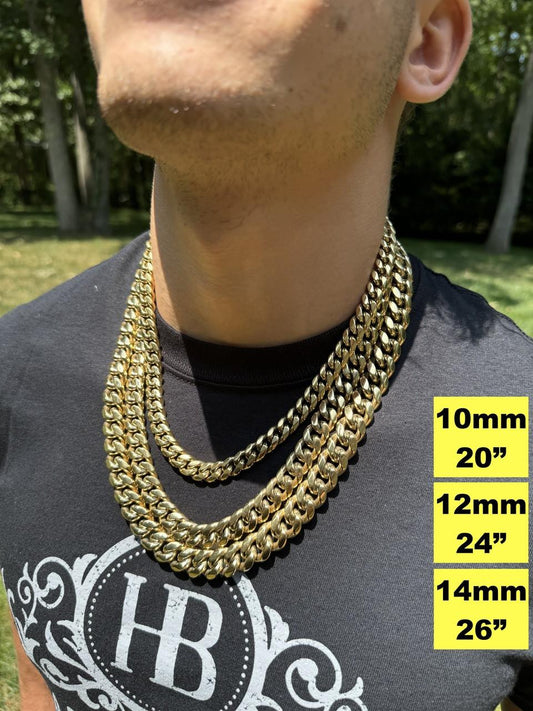 HarlemBling Miami Cuban Link Chain Necklace - 14k Yellow Gold Plated Stainless Steel - 16"-36" - 4mm-18mm