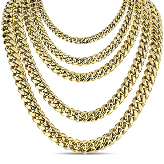 HarlemBling Miami Cuban Link Chain Necklace - 14k Yellow Gold Plated Stainless Steel - 16"-36" - 4mm-18mm