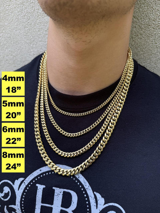HarlemBling Miami Cuban Link Chain Necklace - 14k Yellow Gold Plated Stainless Steel - 16"-36" - 4mm-18mm