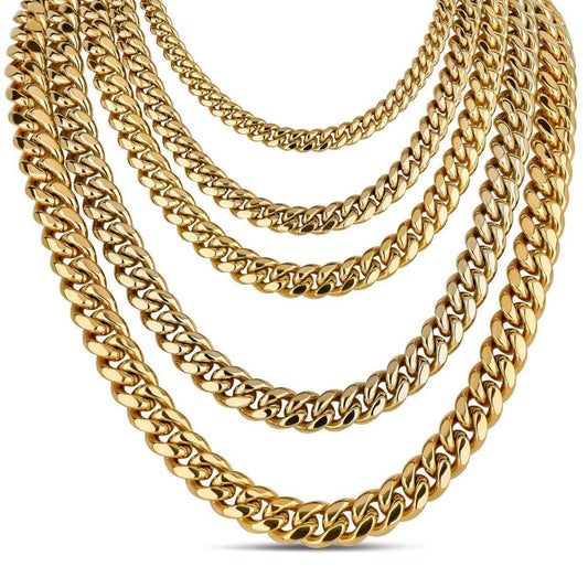 HarlemBling Miami Cuban Link Chain Necklace - 18k Yellow Gold Plated Stainless Steel - 16"-36" - 6mm-18mm