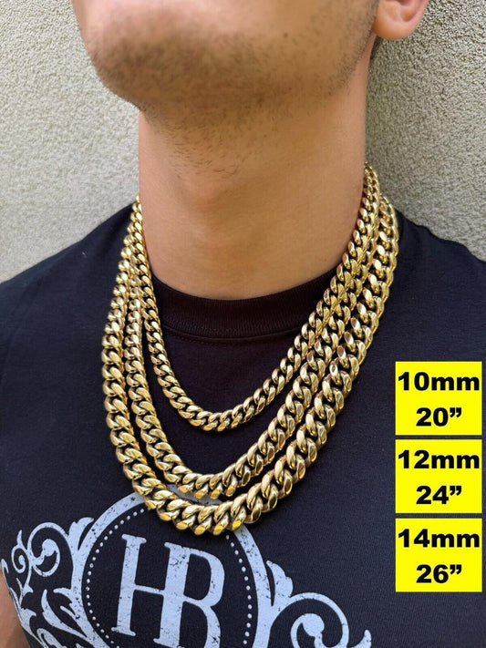 HarlemBling Miami Cuban Link Chain Necklace Bracelet 14k Gold Plated Stainless Steel 4-18mm