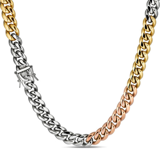 HarlemBling Miami Cuban Link Chain Necklace - Tricolor Yellow, Rose & White Gold Plated Stainless Steel - 18"-30" - 12mm