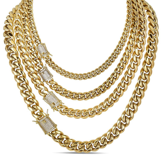 HarlemBling Miami Cuban Link Chain Necklace W. CZ Clasp - 14k Gold Plated Stainless Steel - 16"-30" - 8mm-14mm