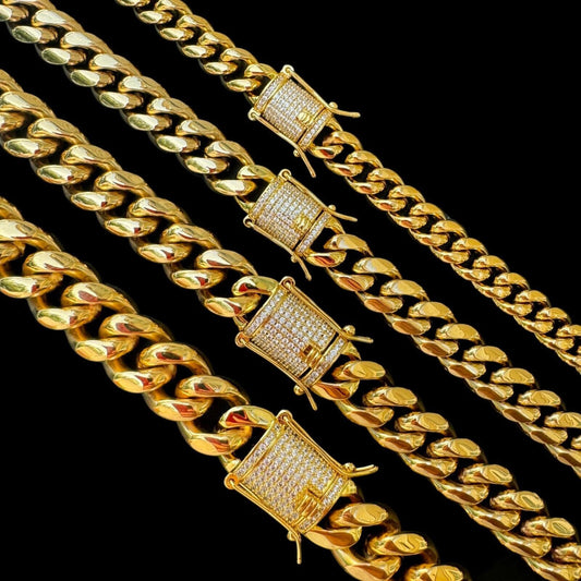 HarlemBling Miami Cuban Link Chain Necklace W. CZ Clasp - 18k Gold Plated Stainless Steel - 16"-30" - 8mm-14mm